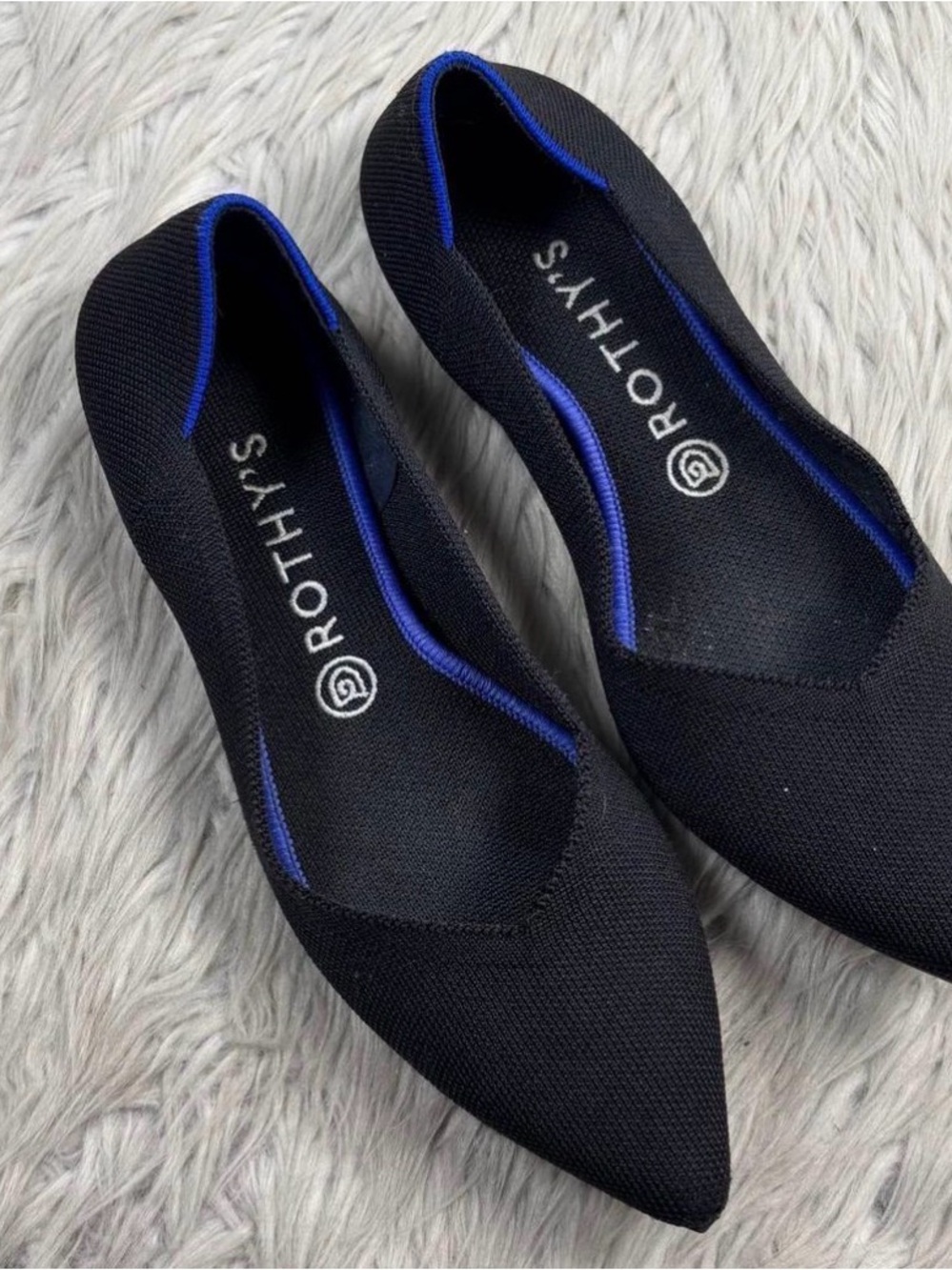 Rothy's Black Pointed Knit Flats with Royal Blue Trim